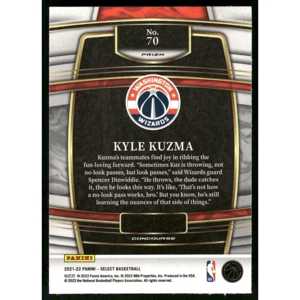 2021-22 Panini Select Kyle Kuzma Blue Prizm #70 Washington Wizards